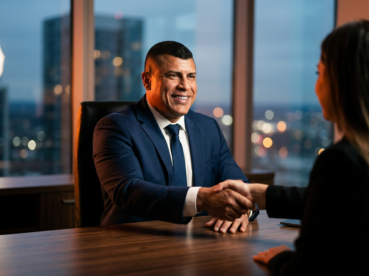 Consultor financeiro apertando a mão de cliente fechando crédito