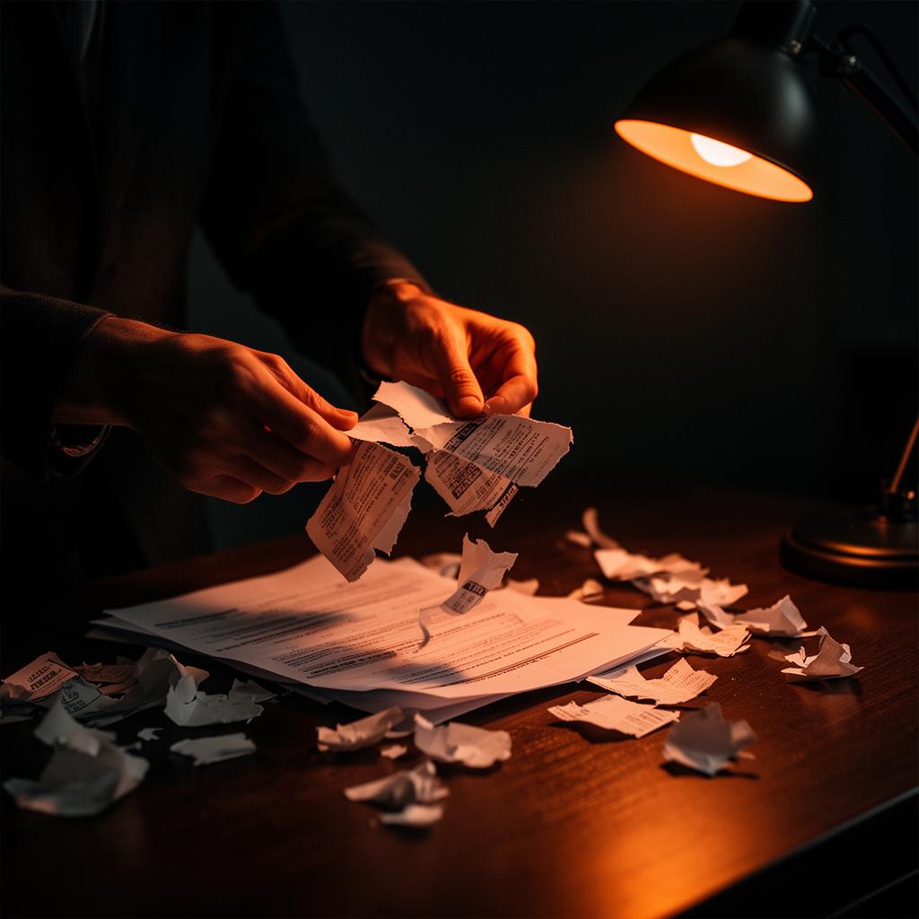 Mãos rasgando boletos e contratos antigos representando renegociação de dívidas
